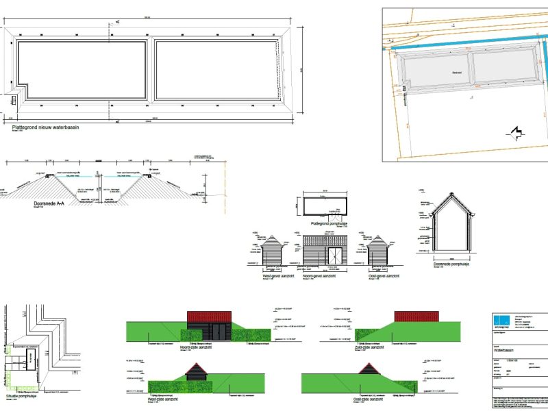 Vergunningstekening bassins met pomphuis in buitengebied